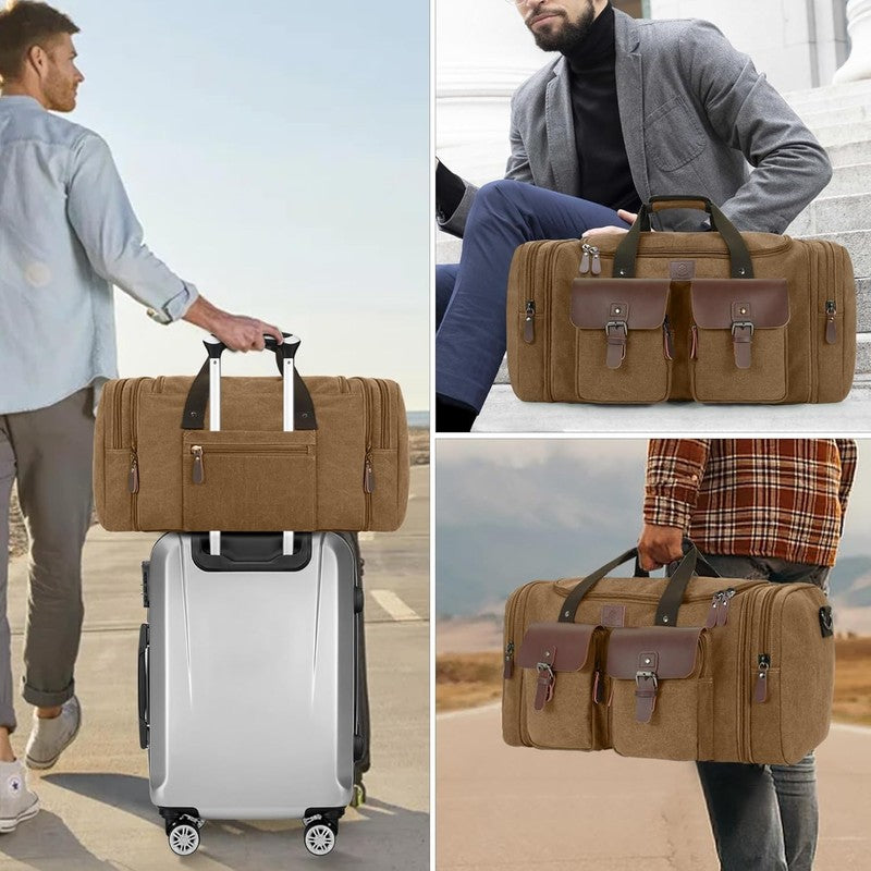 50L Canvas Travel Duffle Bag Expandable Leather Overnight Carry On Coffee7