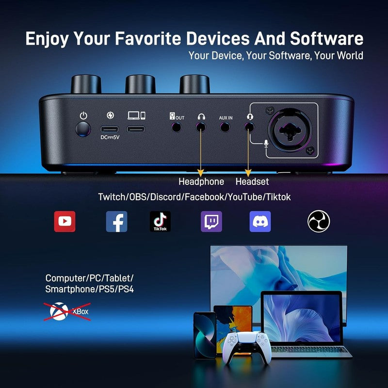 Gaming Audio Mixer RGB Bluetooth Pro Preamp 48V Phantom Live Streaming G1 NEO7