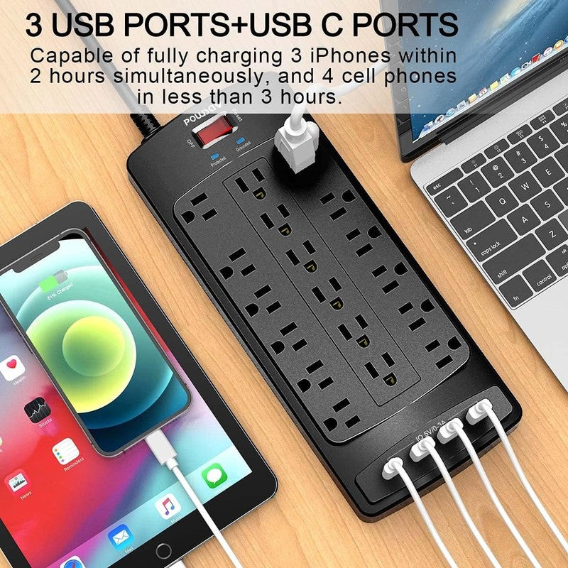 18 Outlets Surge Protector Power Strip - 6 Feet Flat Plug Heavy Duty Extension C2