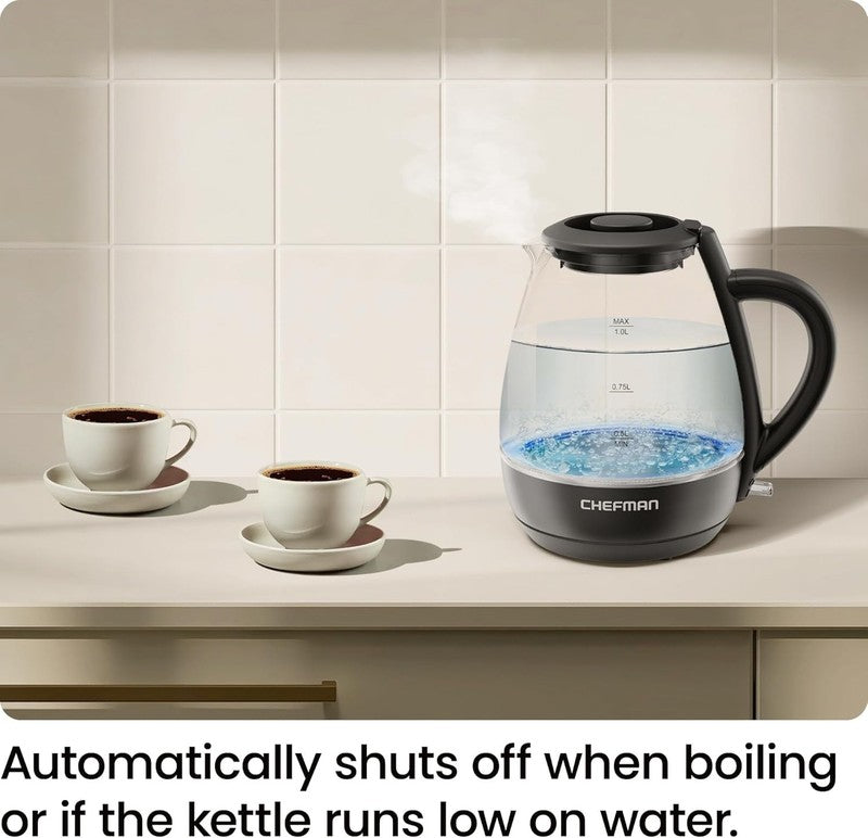 1L Electric Glass Kettle W/ LED Indicator Light, Automatic Shutoff   Black4