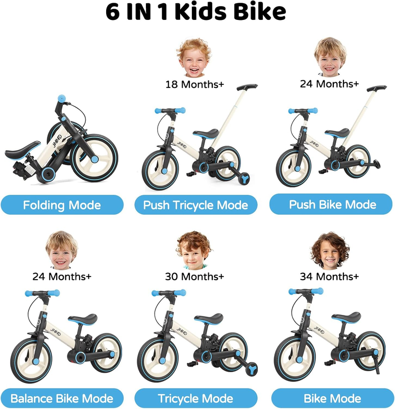 6-in-1 Toddler Bike 12" Balance Bike Push Handle Training Wheels Kids1