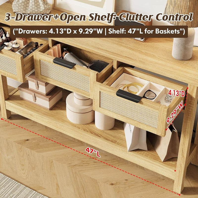 47'' Entryway Console Table Natural with USB-C & Outlets 3 Rattan Drawers1