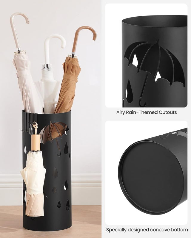 Metal Umbrella Stand Round w/ Water Tray 4 Hooks 16.1" Ink Black ULUC024B016