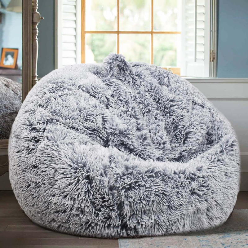 Fluffy Stuffed Animal Storage Bean Bag Cover Faux Fur Gray0