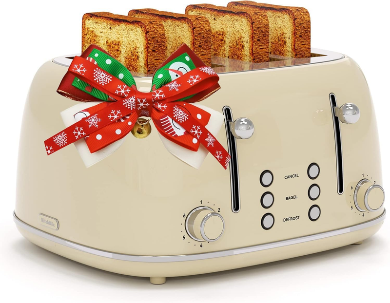 4-Slice Retro Toaster Cream 6 Shade Settings Cancel/Defrost/Reheat Wide Slots10