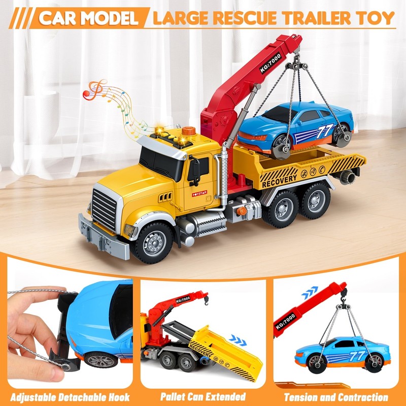 Kids Tow Truck Toys, 15" Large Toddler Car Toys, Transport Truck Crane with Road5