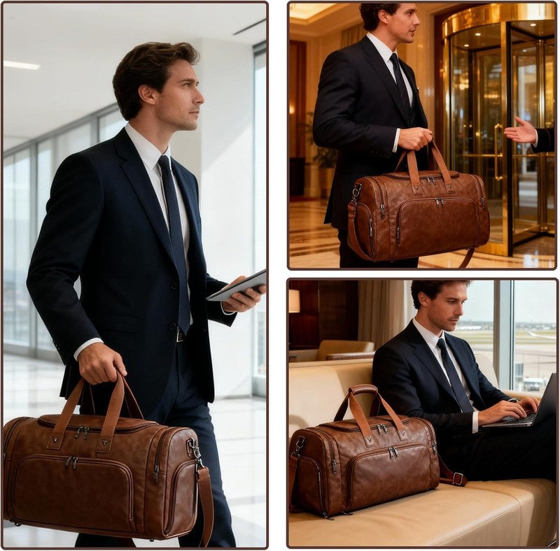 Leather Travel Duffle Bag Weekender Waterproof Shoe Compartment Gym Bag6