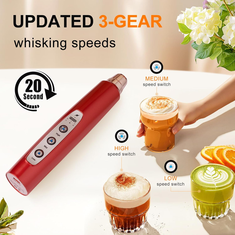 Milk Frother Handheld USB Rechargeable 3 Speed 3 Heads Coffee Whisk Red1