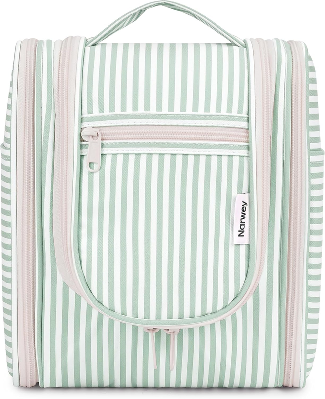 Small Striped Hanging Travel Toiletry Bag Makeup Organizer Mint Green Stripe0