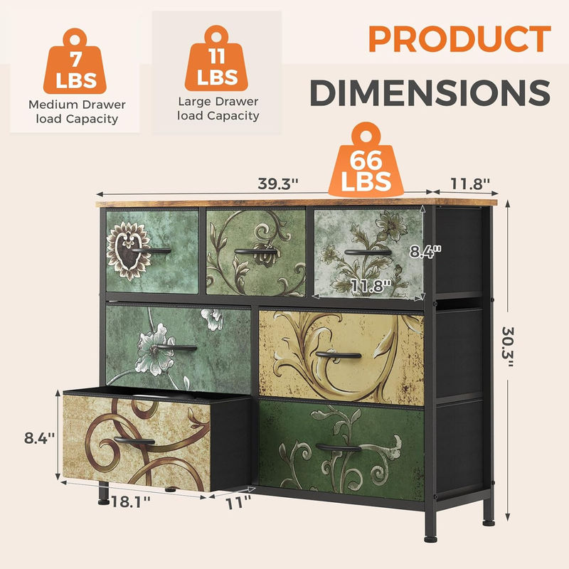 7 Drawer Fabric Dresser Storage Tower Steel Frame Wood Top Floral2