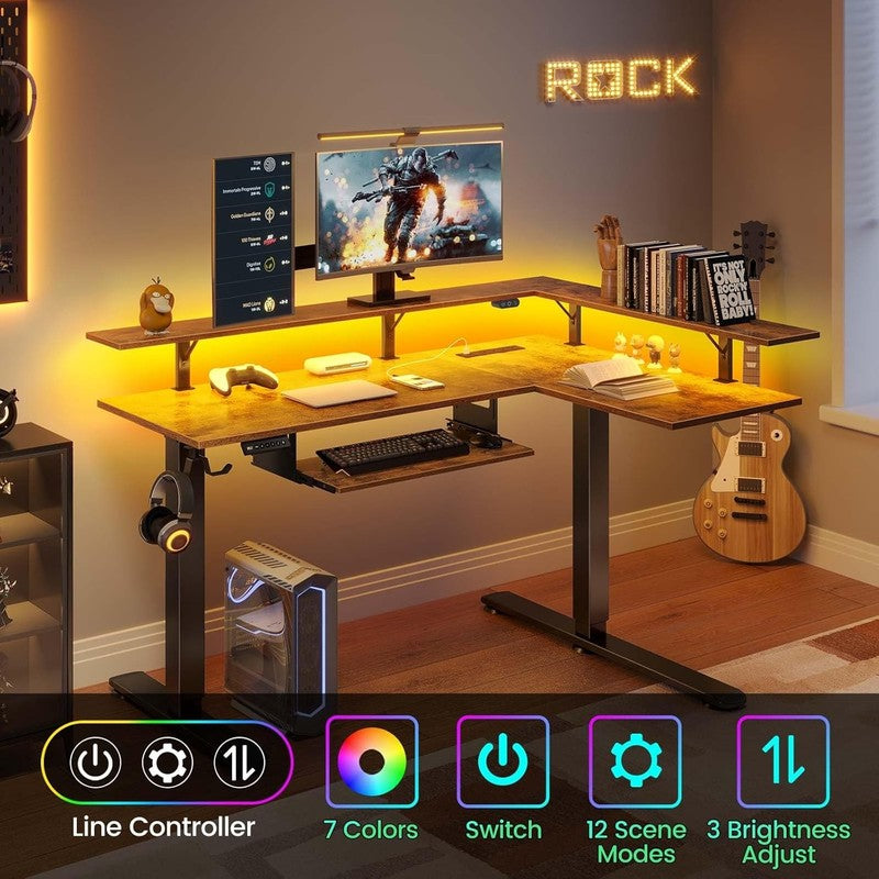 L Shaped Electric Standing Desk w/ Keyboard Tray LED Power Rustic Brown3