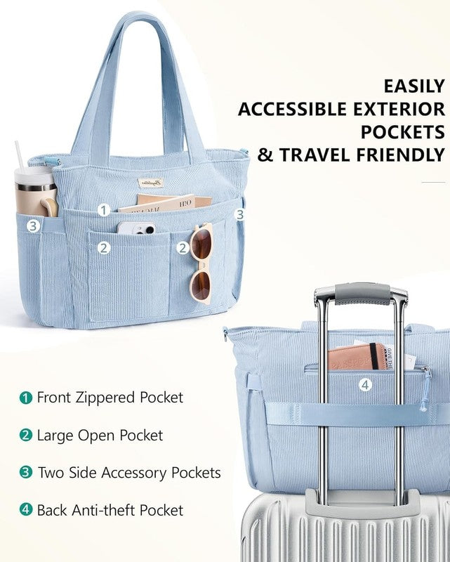 Women Corduroy Tote Bag 17 Pockets Laptop Work Travel Compartment Shoulder Bag6