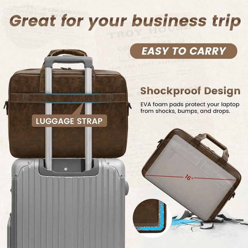 Mens Laptop Bag 16in Leather Briefcase Vintage Messenger Shoulder Work Brown5