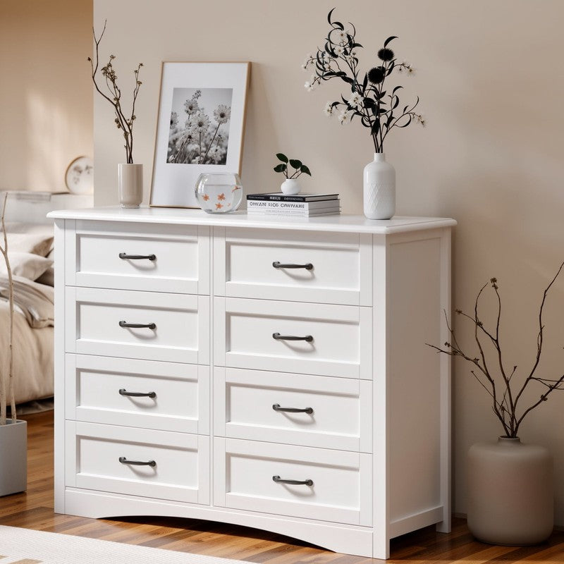 8-Drawer Dresser, White Chest of Drawers with Metal Handles, Multi-Functional St1