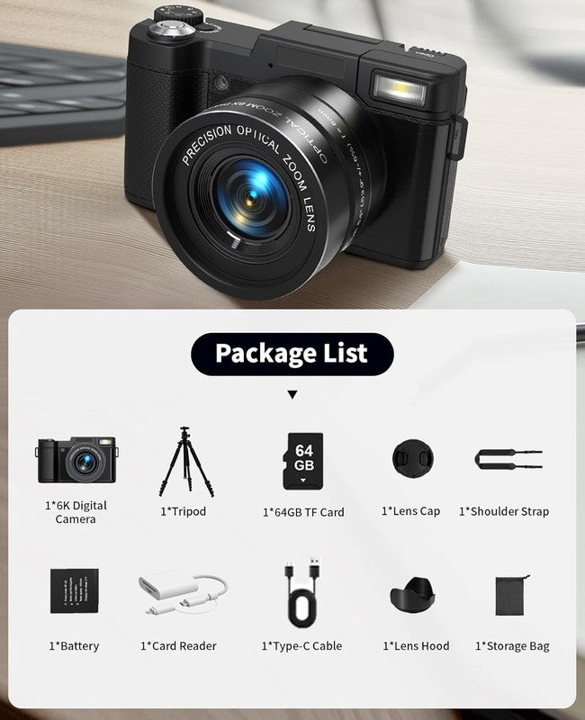 6K Digital Camera 75MP Vlogging 8X Optical Zoom 3" Flip Screen Anti-Shake w 64GB7