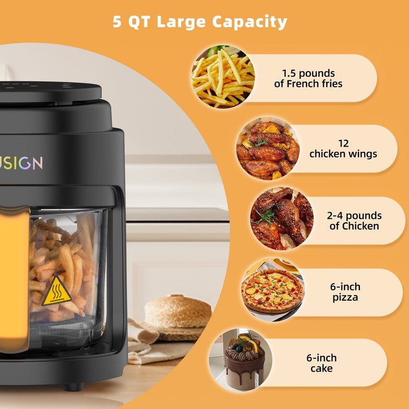 Black 5QT 1000W Digital Air Fryer Glass Pot Nonstick Dishwasher Safe7