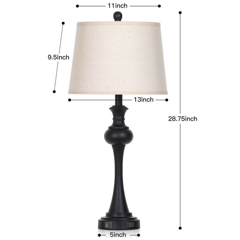 Set of 2 3 Way Dimmable Tall Table Lamps USB A+C Ports AC Outlet Industrial Blac5