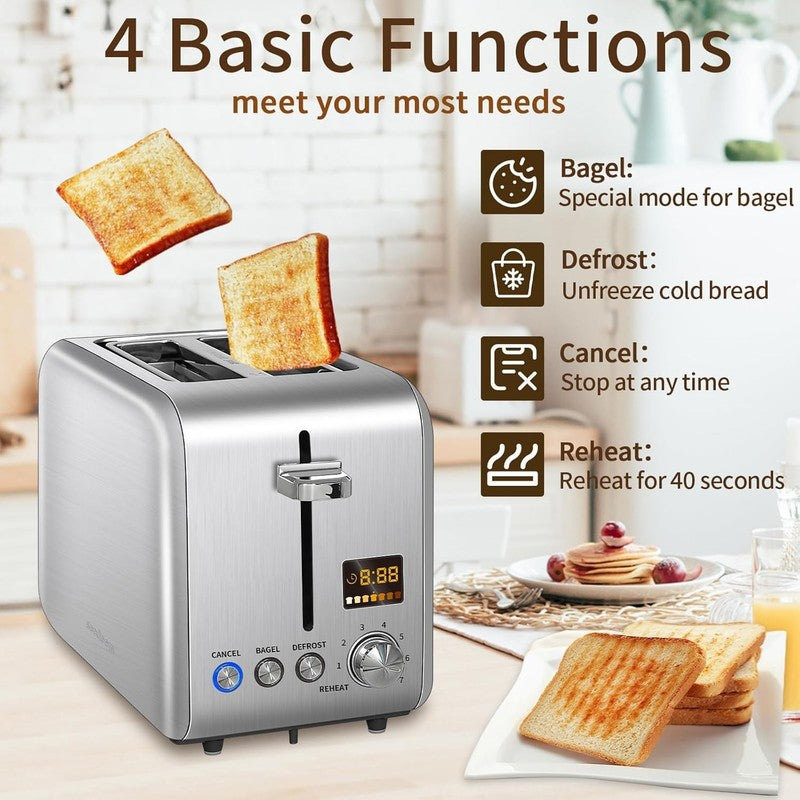 Silver 2 Slice Toaster Stainless Steel - LCD Display, 7 Shades, Bagel, Defrost3