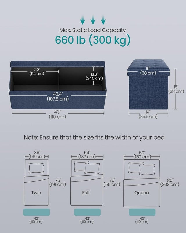 43'' Folding Storage Ottoman Bench Foot Rest Bedroom Living Room Blue2