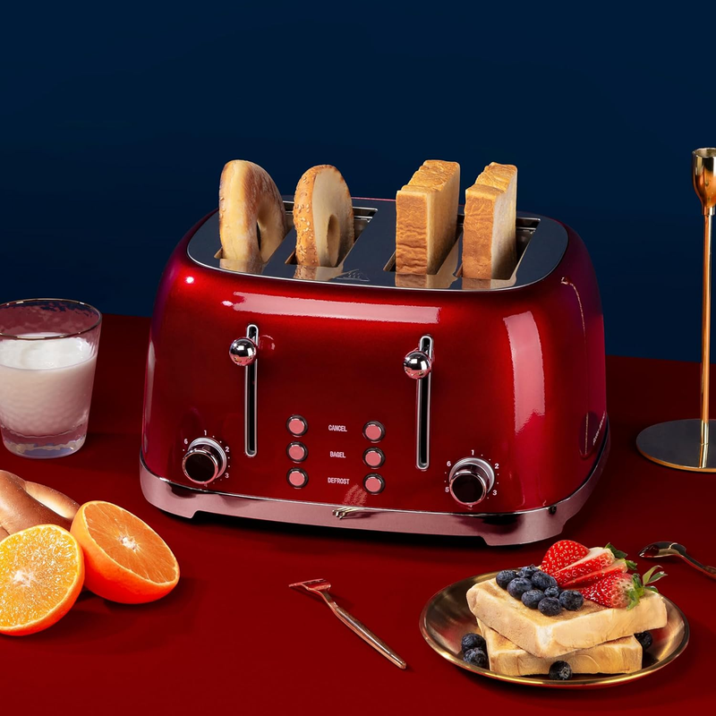 Retro 4 Slice Toaster Red ST033 - Wide Slots, Bagel, Defrost, 6 Shade Crumb Tray5