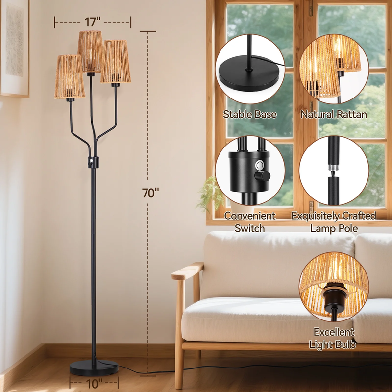Rattan Floor Lamp 3 Tier Dimmable Rustic Boho Lighting for Living Room Bedroom2