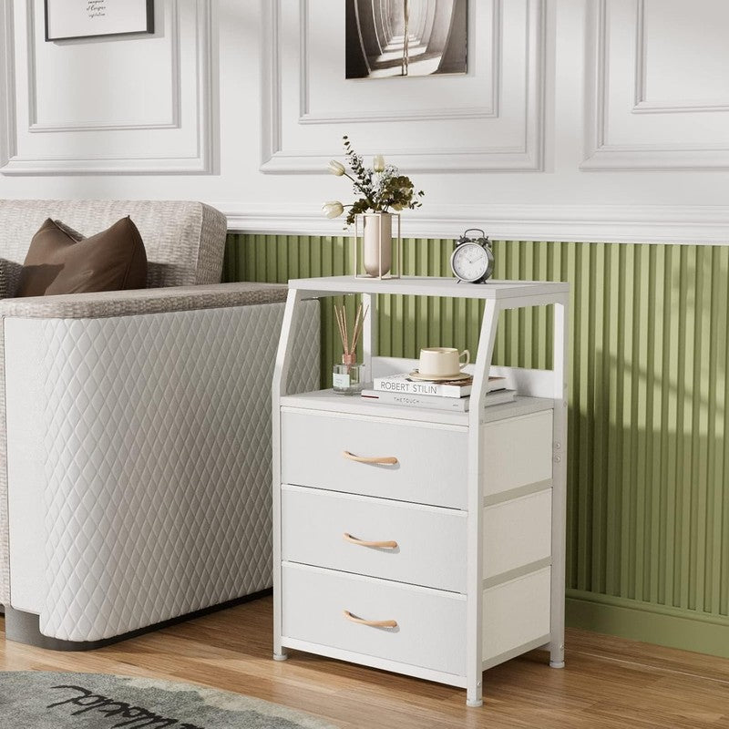 White Nightstand with 3 Drawers and 2 Tier Shelf, Small Night Stand End Table Si5