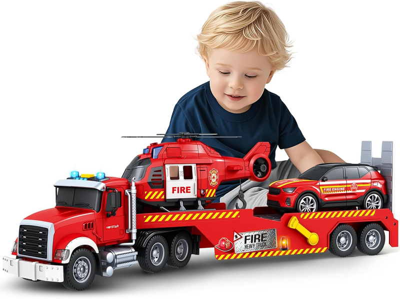 Extra Large Fire Truck Toys for Boys Girls with Racing Car and Helicopter, Light10