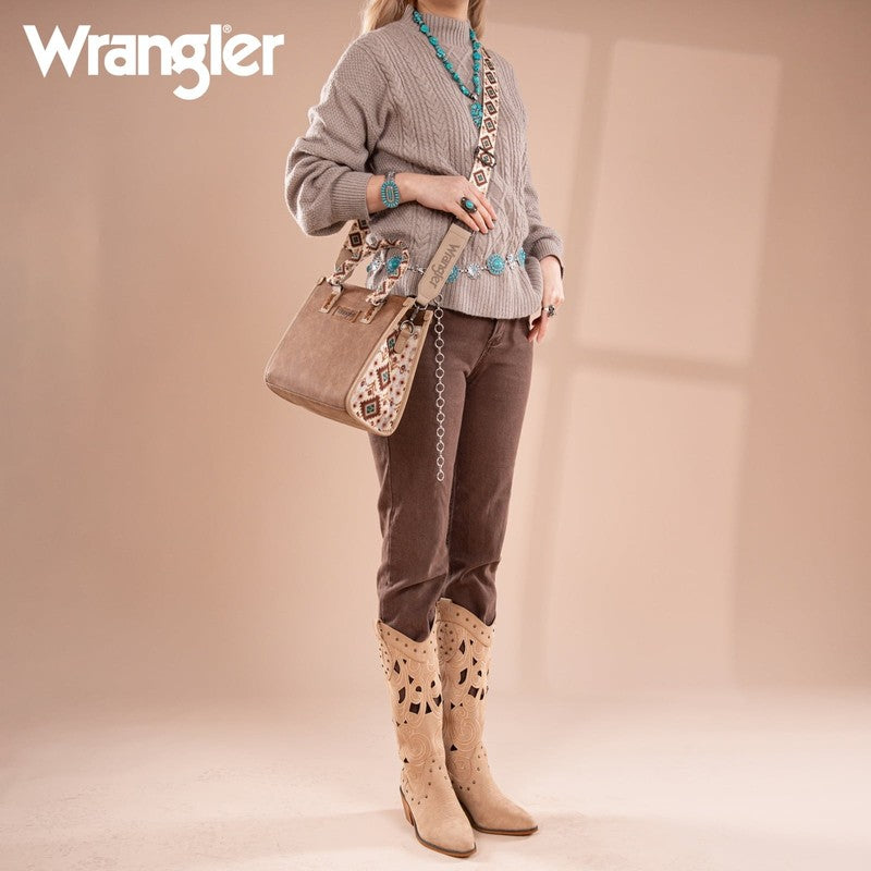 Wrangler Tote Bag Women Western Retro Top Handle Aztec Strap Handbag Brown4