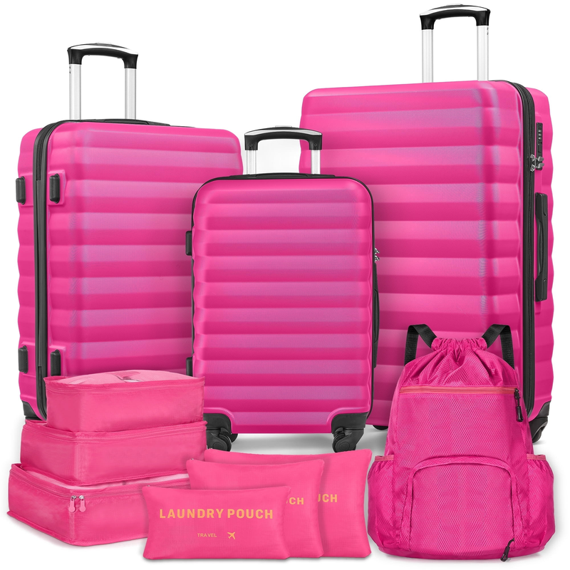 10 Piece Luggage Set Hardside Spinner Suitcase 28 24 20 Inch Backpack Rose Red0