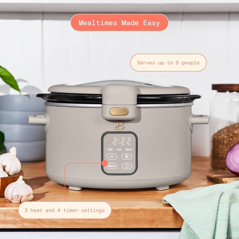 Drew Barrymore 4Qt Digital Slow Cooker Hinged Locking Lid Porcini Taupe1