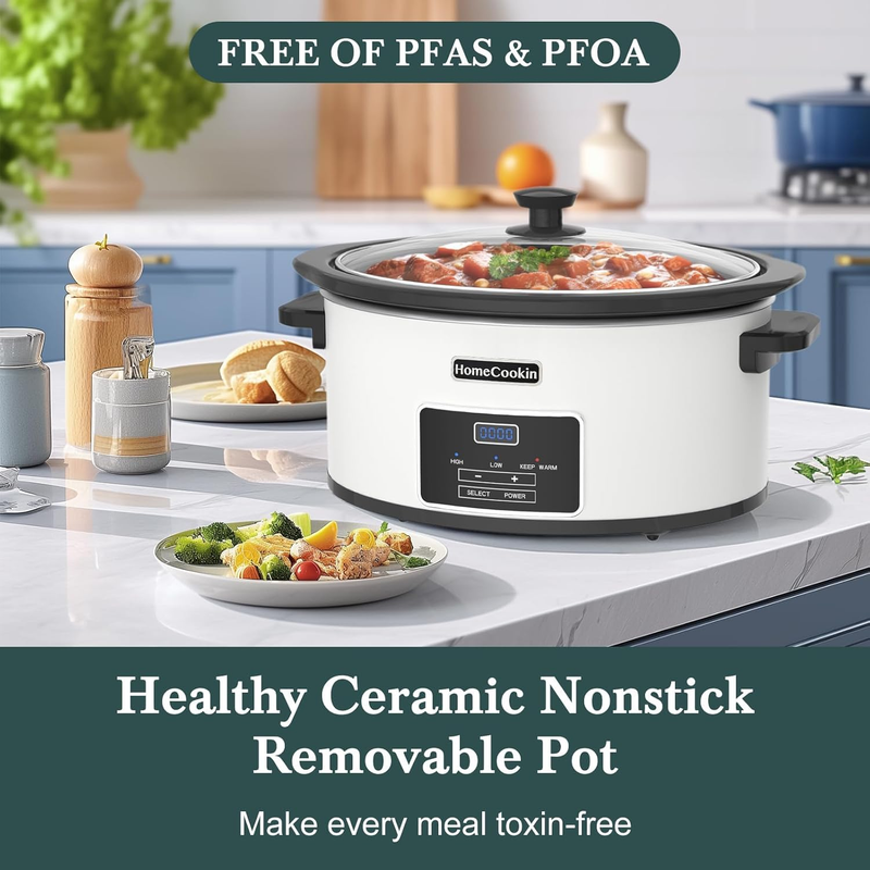 8Qt Programmable Slow Cooker Timer Keep Warm 6+ Servings White Black Liner2