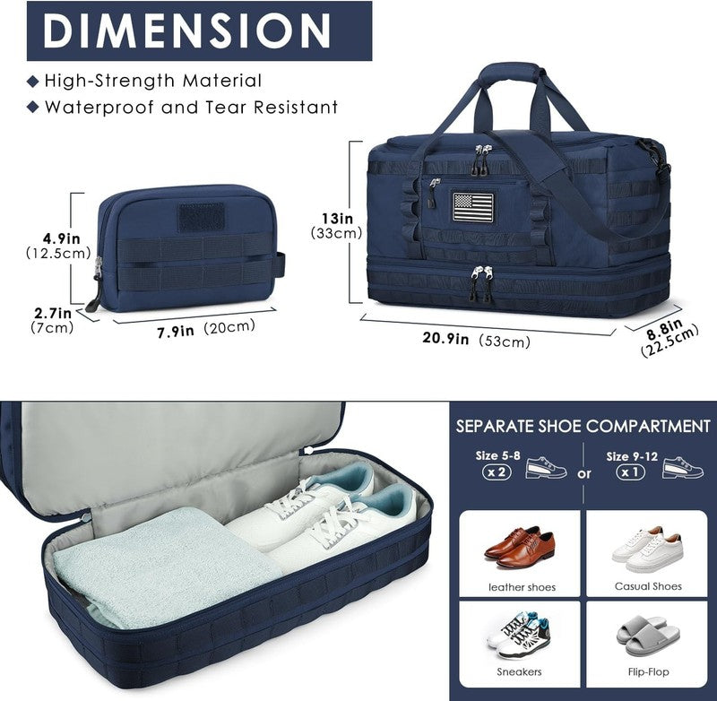 Travel Gym Tactical Duffle Bag Carry On w/ Shoe Compartment Wet Pocket Blue3