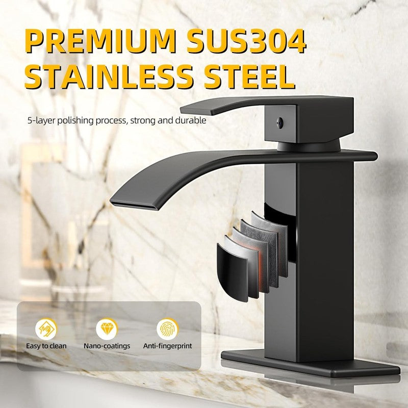 Bathroom Faucet Matte Black Modern Waterfall Bathroom Sink Faucet with Single Ha5