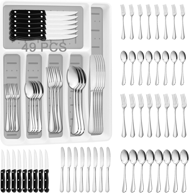 49Pc Stainless Steel Silverware Set for 8 w/ Organizer Steak Knives11