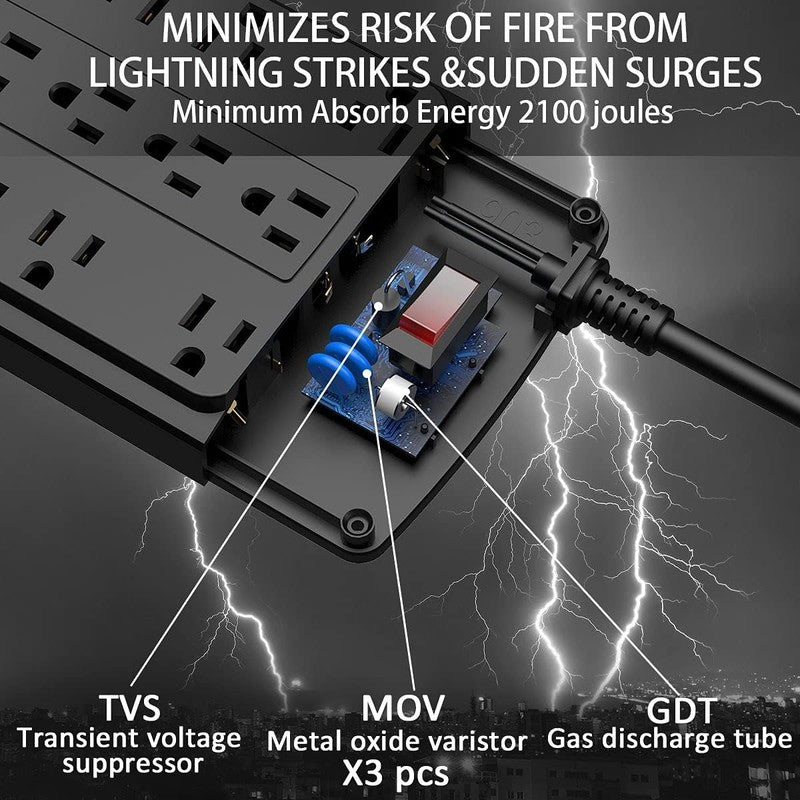 18 Outlets Surge Protector Power Strip - 6 Feet Flat Plug Heavy Duty Extension C4