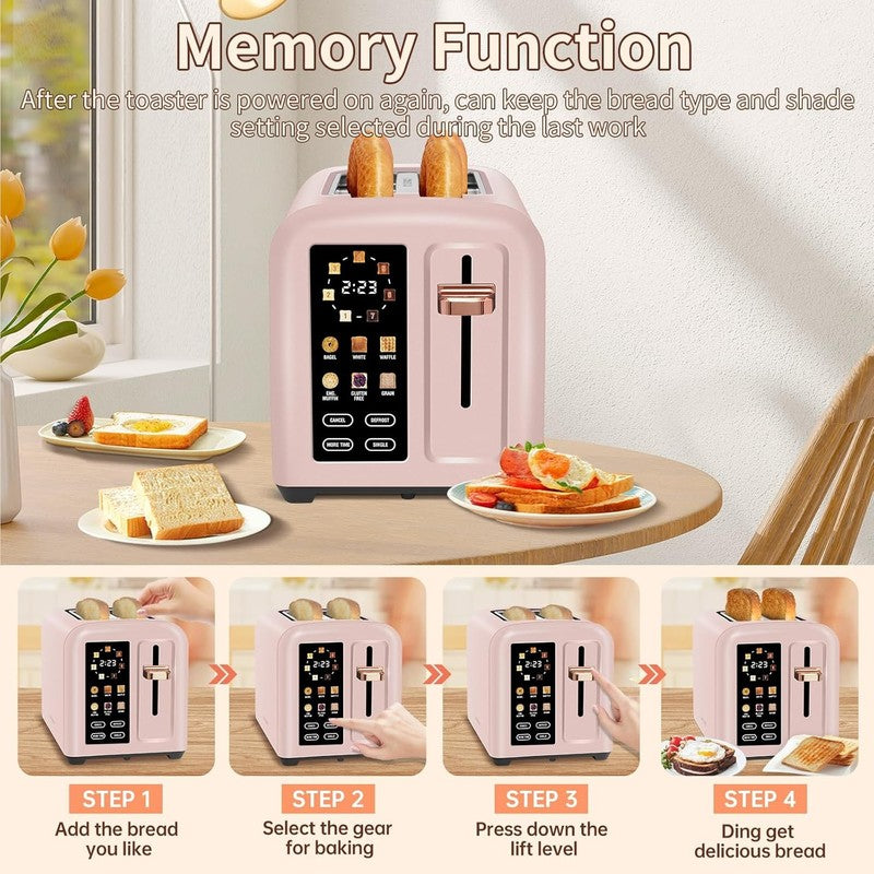 2 Slice Touch Control Toaster LCD 1350W Wide Slots Pink4