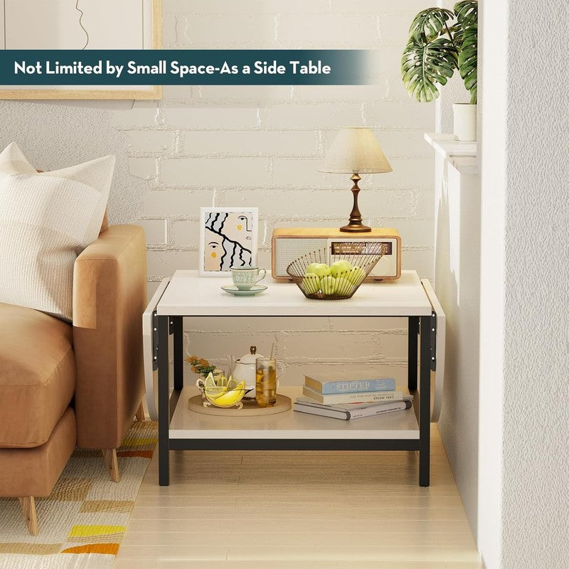 White 2 Tier Foldable Coffee Table with Storage, Modern Living Room Table6