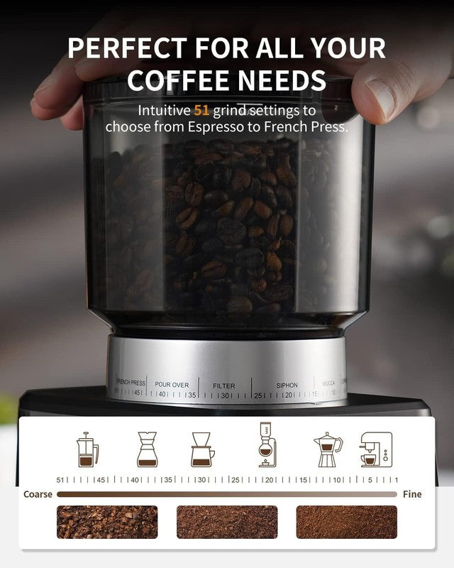 Conical Burr Espresso Grinder Touchscreen 51 Settings Anti-Static Stainless3