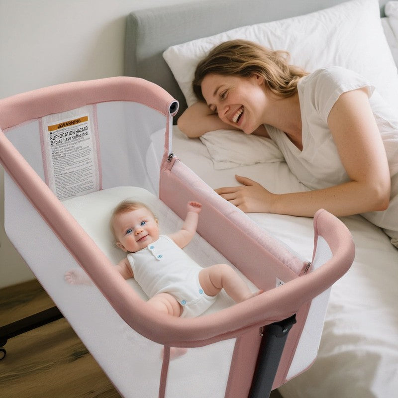 Baby Bassinet with Wheels Pink Height Adjustable Bedside Sleeper for Newborns0