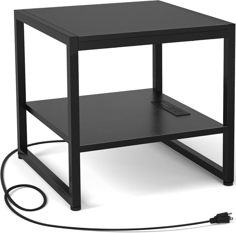 End Table with Charging Station 2 Tier Shelf Mini Fridge Stand Black0