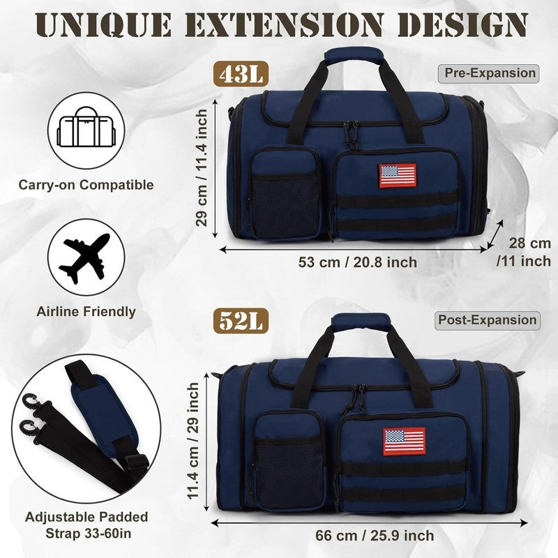 52L Tactical Duffle Bag Expandable Gym Travel Weekender Wet Pocket Carry On3