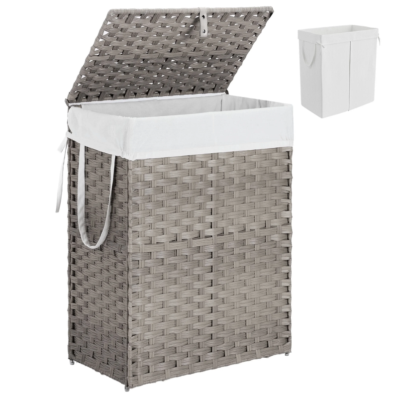 90L Handwoven PP Rattan Laundry Basket Gray w/ Lid, Foldable, Removable Liner8