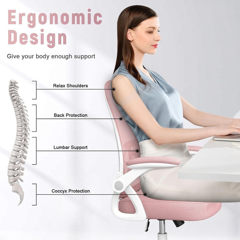Ergonomic Mesh Office Chair Adjustable Height Flip Up Arms Lumbar Pink4