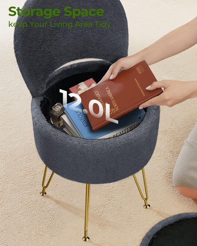 Faux Fur Vanity Stool Chair w/Storage Folding Back Ottoman Grey3