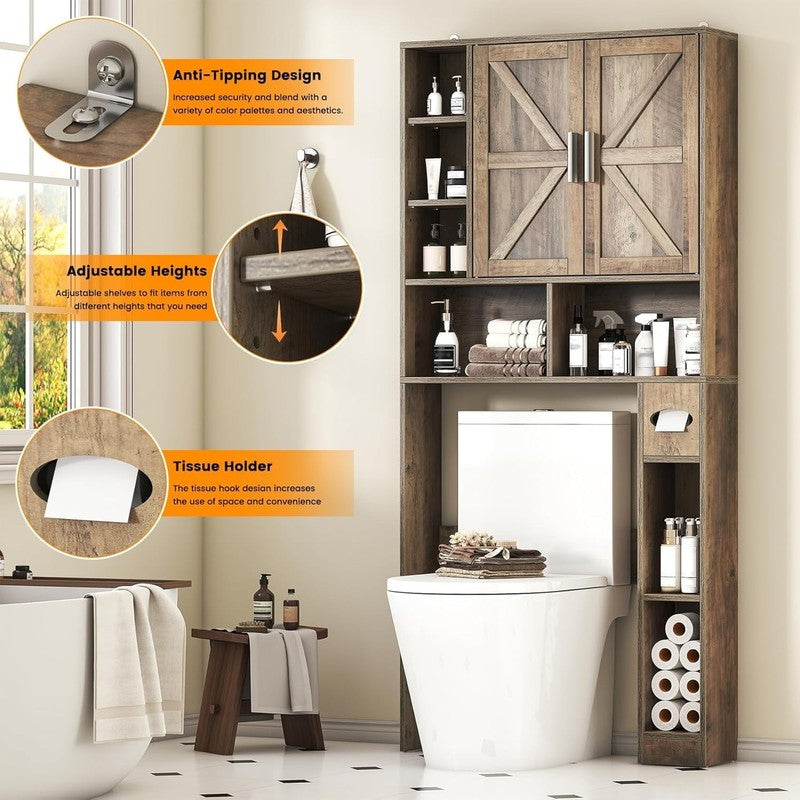 Farmhouse Over-Toilet Cabinet with 2 Barn Doors, 10 Adjustable Shelves & Tissue3
