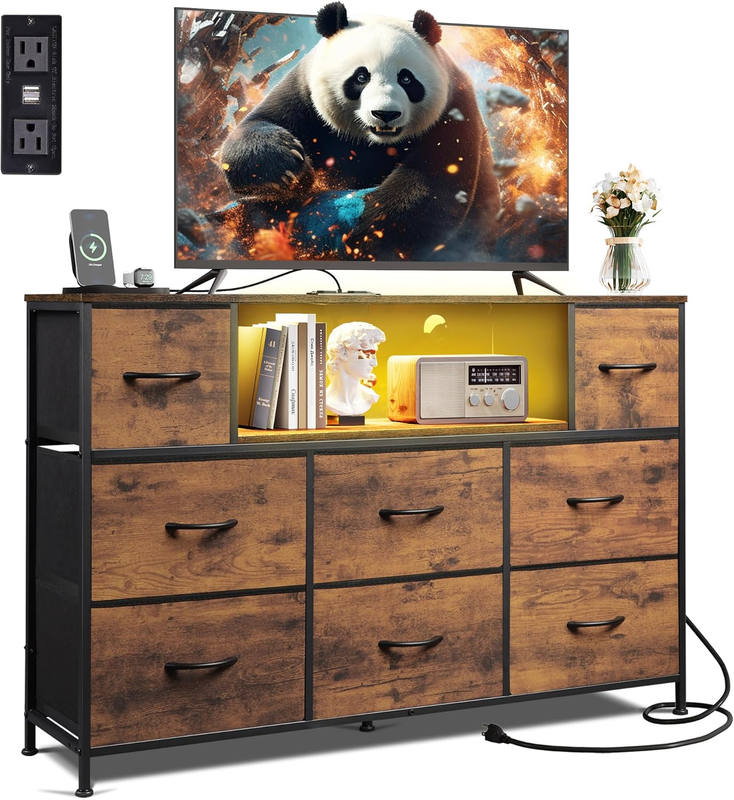 Rustic Brown TV Stand Dresser LED Lights Charging Station 8 Fabric Drawers Shelf9