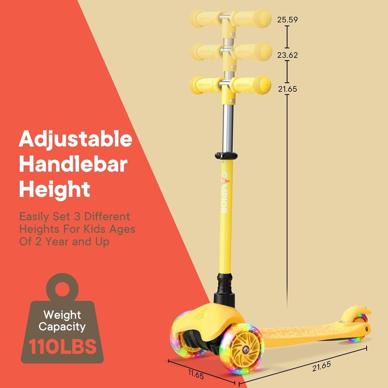Kids 3 Wheel Scooter Lean to Steer LED Wheels Adjustable Handlebar Yellow5