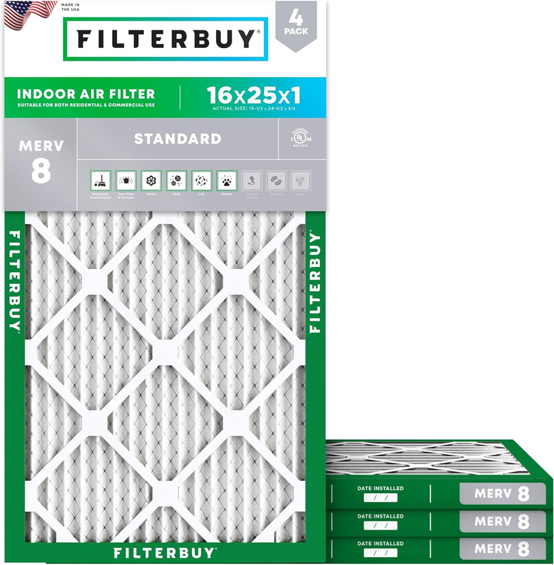 16x25x1 MERV 8 Air Filter 4-Pack - Pleated HVAC AC Replacement Filters0