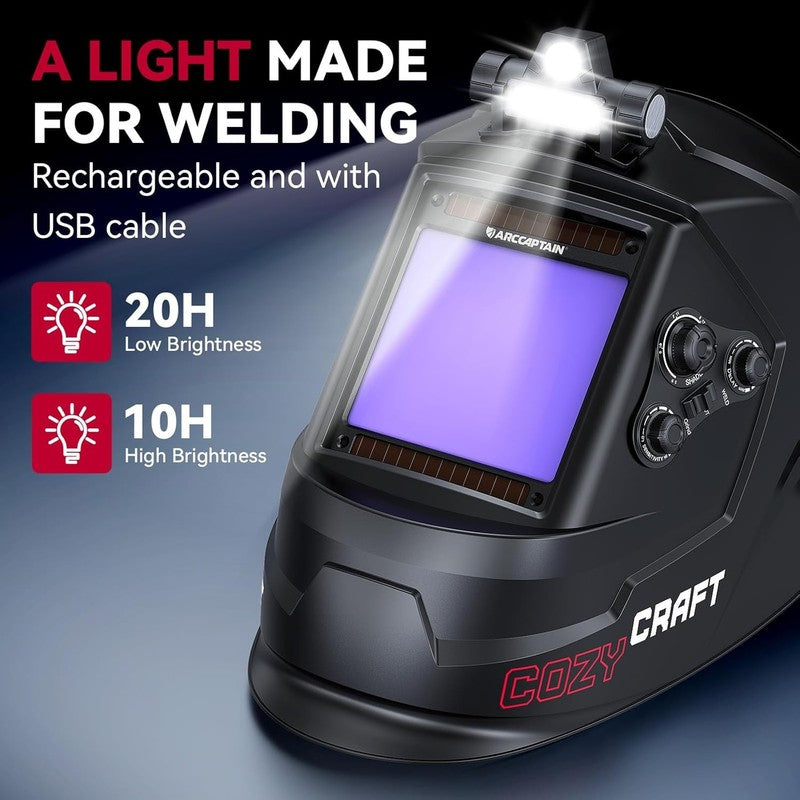 Large View 3.94" X 3.66" True Color Auto Darkening Welding Helmet with Light, So1