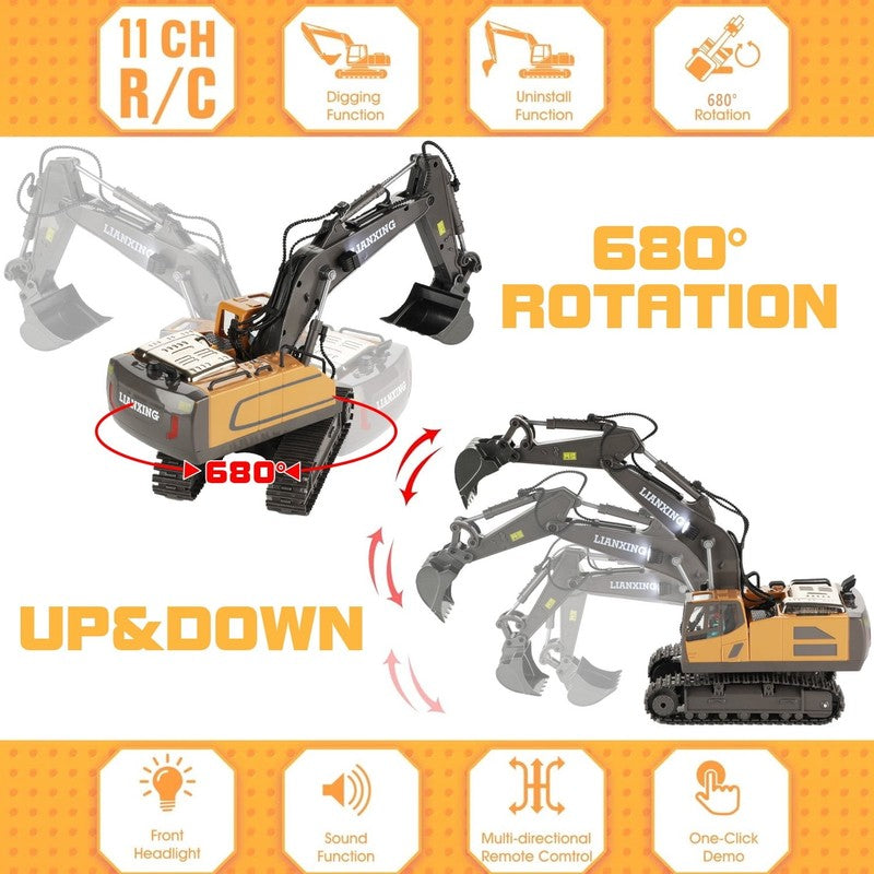 Remote Control Excavator Toys, 680° Rotation Hydraulic Car Toys with Metal Shove5